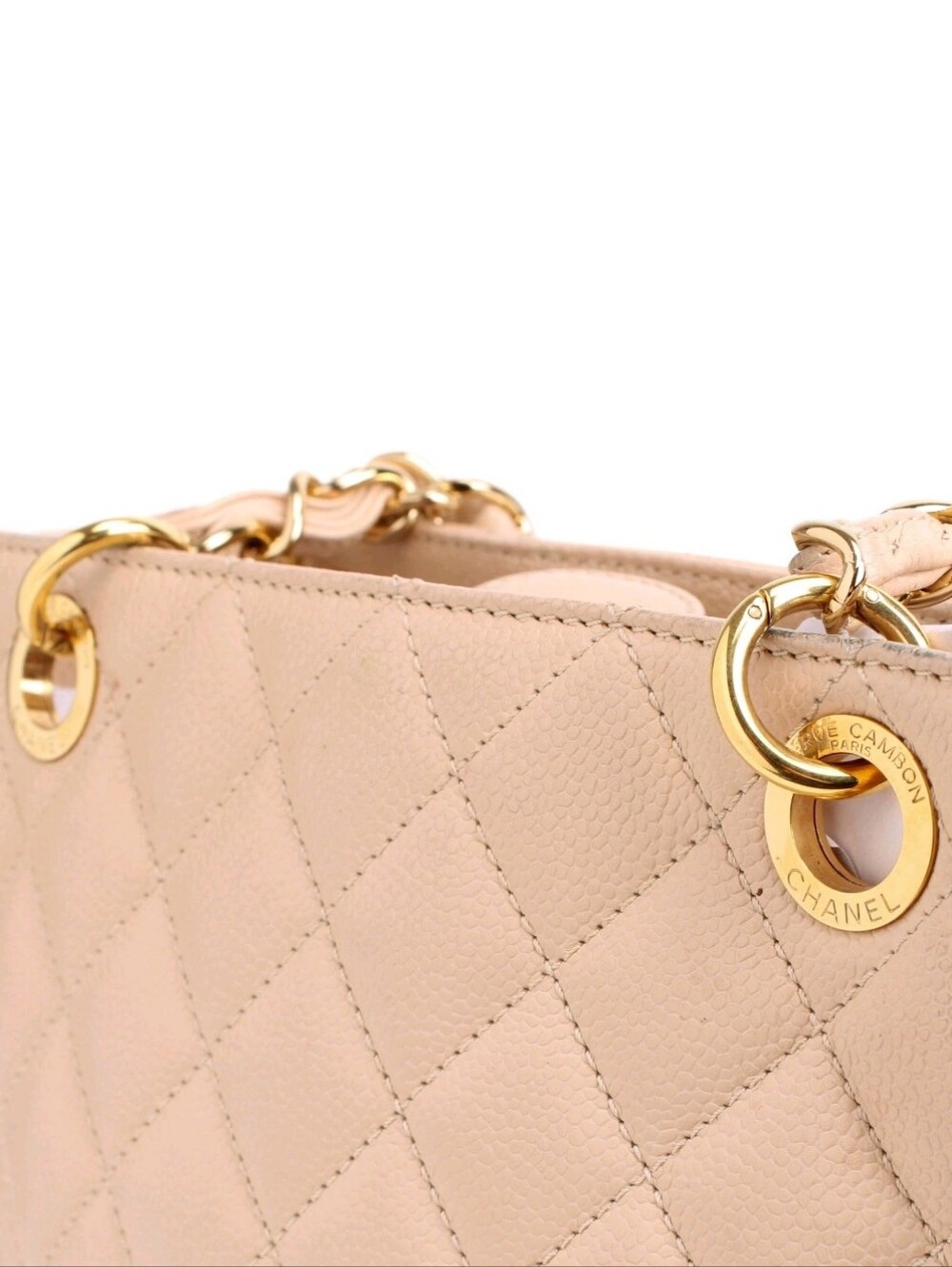 CHANEL Bag Chain Tote Grained Caviar Logo "CC" Bag Calfskin Beige/Blush Gold HRW - Picture 6 of 14